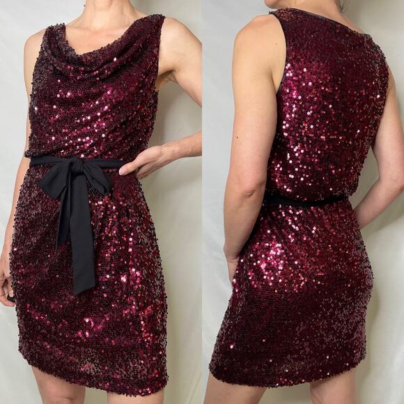 Cache ruby red sequin mini dress cowl neck cocktail evening tie belt formal prom - Picture 12 of 14